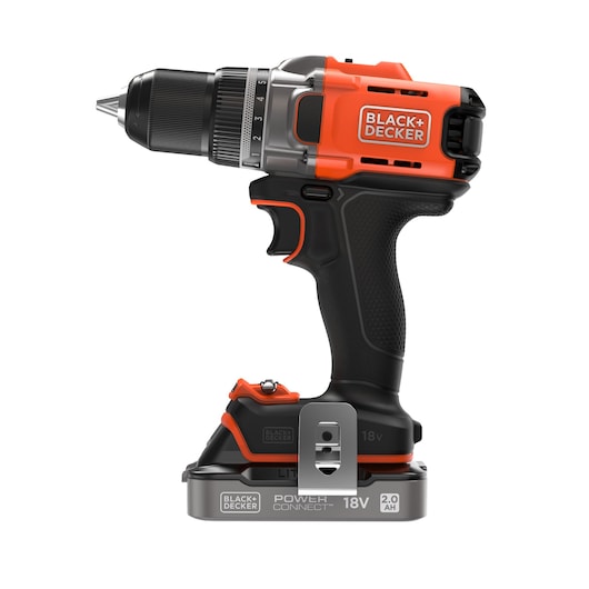 Side view of the BLACK+DECKER® POWERCONNECT™ 18V Cordless Drill Driver, facing left.