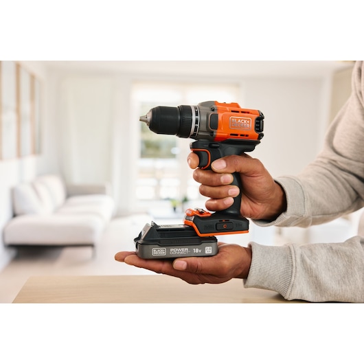The in-built LED light of the BLACK+DECKER® POWERCONNECT™ 18V Cordless Drill Driver.