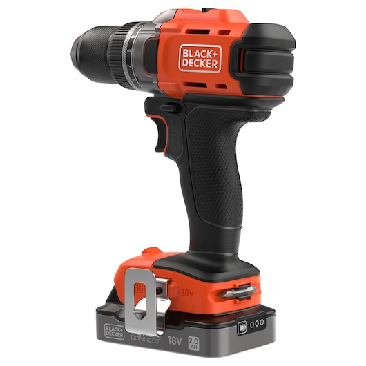 Cordless BLACK+DECKER drill, orange and black, 18V, with ergonomic grip, shown on a white background.