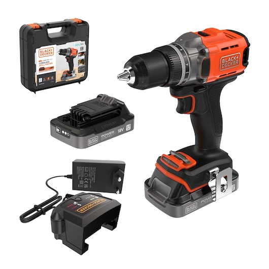 BLACK+DECKER® POWERCONNECT™ 18V Cordless Drill Driver with two batteries, EU charger and hard case.