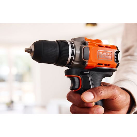 The variable trigger and ergonomic handle of the BLACK+DECKER® POWERCONNECT™ 18V Cordless Drill Driver.