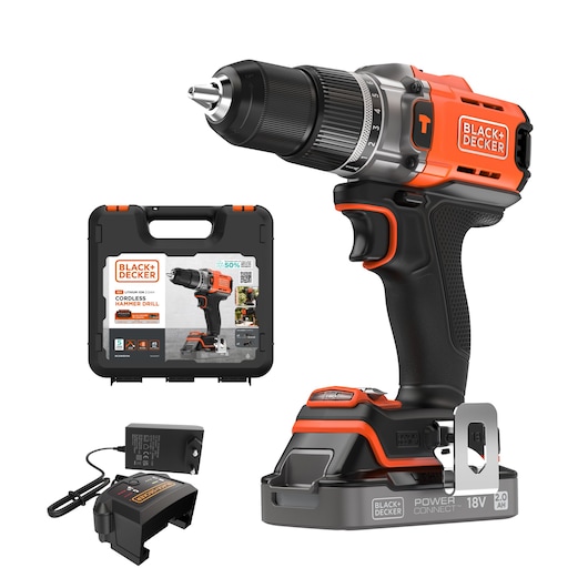 BLACK+DECKER® POWERCONNECT™ 18V Cordless Hammer Drill with battery, EU charger and hard case.