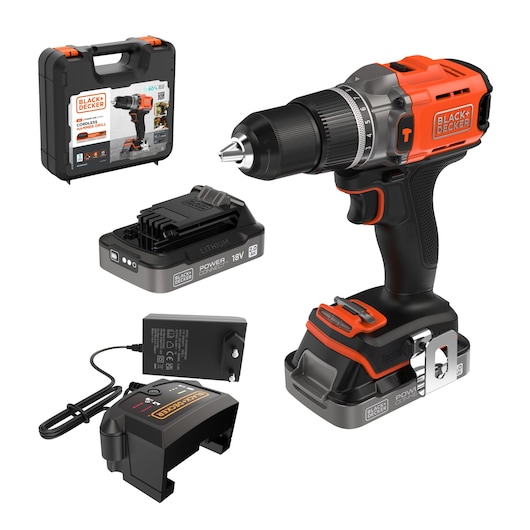 BLACK+DECKER® POWERCONNECT™ 18V Cordless Hammer Drill with two batteries, EU charger and hard case.