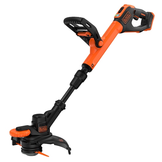 Front-side view of the BLACK+DECKER® 18V POWERCONNECT™ Cordless STRIMMER® 25cm Blade Trimmer without battery.