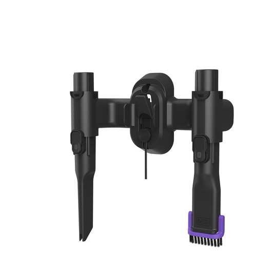 Angled view of wall mount with charger and two accessories attached - BLACK+DECKER SUMMITSERIES select cordless stick vacuum.