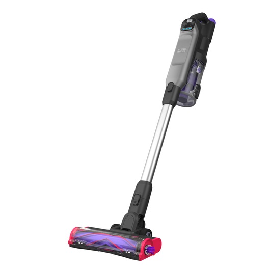 BLACKDECKER BHFEA640WG cordless stick vacuum with pink and purple accents, side angle on white background.