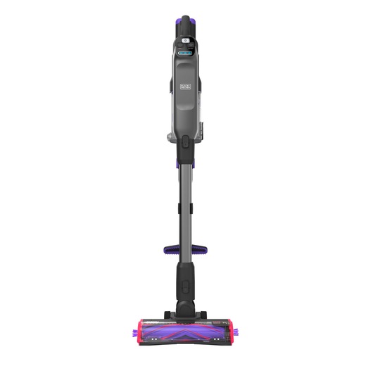BLACKDECKER BHFEA640WP cordless stick vacuum cleaner, gray and purple, front view on white background.