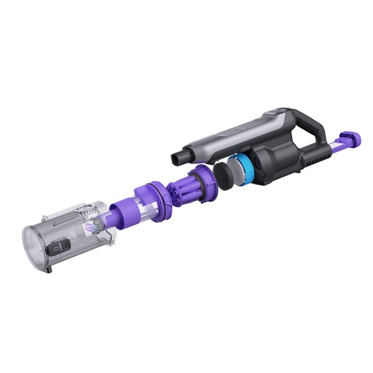 BLACKDECKER BHFEA640WP stick vacuum cleaner with components separated, side angle on white background.