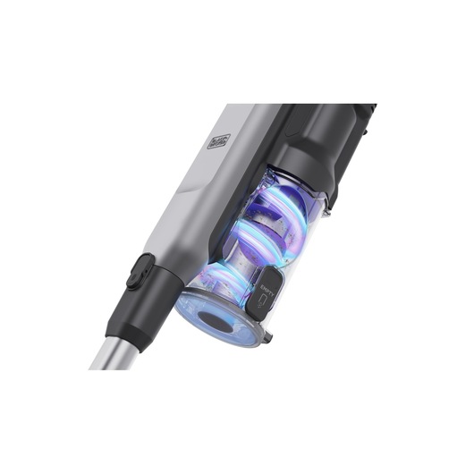BLACKDECKER BHFEA640WP cordless vacuum cleaner close up, transparent dustbin and glowing blue light, side angle.