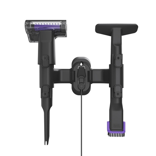 BLACKDECKER BHFEA640WP vacuum cleaner accessories wall-mounted on white background, showing brush, nozzle, and roller attachment.