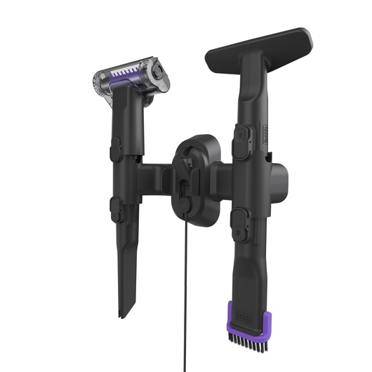 BLACKDECKER BHFEA640WP vacuum attachment set with multiple black tools on wall mount, front angle.