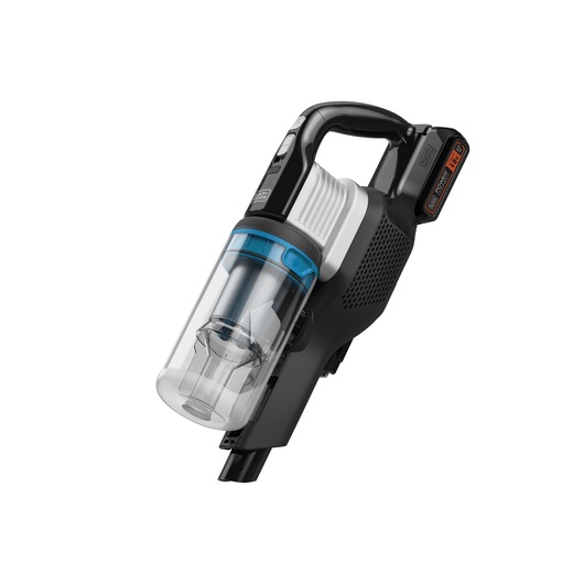 BLACK+DECKER BHFEB520D1 cordless handheld vacuum cleaner, black and clear plastic, angled view on white background.