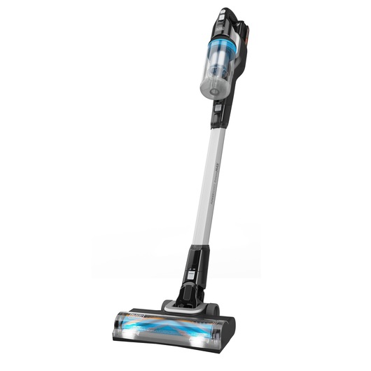 BLACK+DECKER BHFEB520D1 cordless stick vacuum cleaner, silver and black, angled front view on white background.