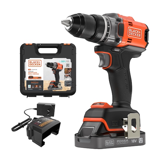 BLACK+DECKER cordless drill driver BLD682D1XK with battery, charger, and carrying case, front angle, white background.