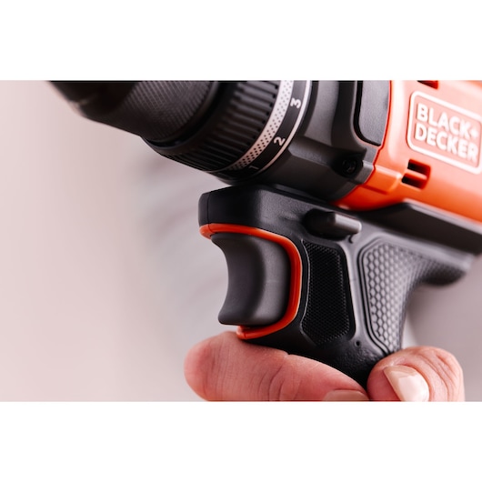 The variable speed trigger of the BLACK+DECKER® 18V POWERCONNECT™ Brushless Drill Driver.