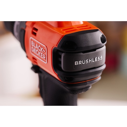 The rear brushless logo of the BLACK+DECKER® 18V POWERCONNECT™ Brushless Drill Driver.