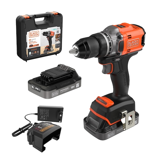 BLACK+DECKER BLD682D2XK cordless drill driver kit with 18V lithium battery, charger, and carrying case, front angle.