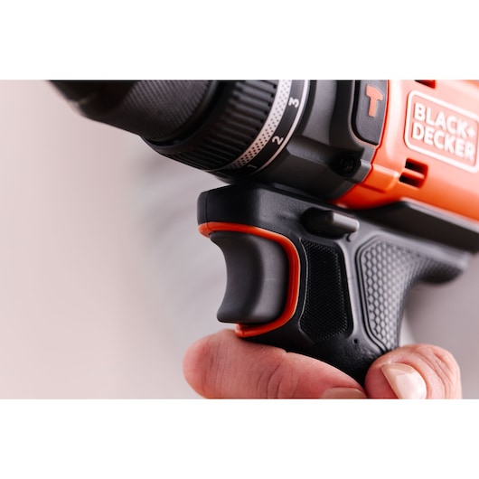 The variable speed trigger of the BLACK+DECKER® 18V POWERCONNECT™ Brushless Hammer Drill.