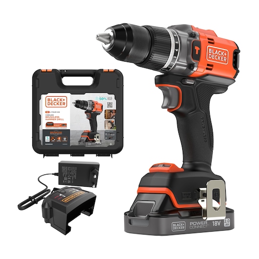BLACK+DECKER BLD683D1XK cordless brushless hammer drill with case, charger, and battery, front angle on white.