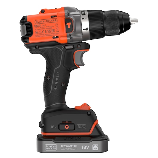 BLACK+DECKER 18V cordless drill with brushless motor and lithium battery, shown in side profile.