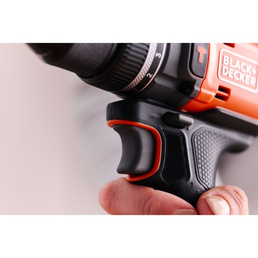 The variable speed trigger of the BLACK+DECKER® 18V POWERCONNECT™ Brushless Hammer Drill.