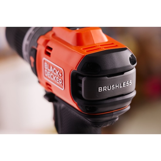 The rear brushless logo of the BLACK+DECKER® 18V POWERCONNECT™ Brushless Hammer Drill.
