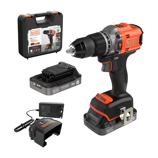 BLACK+DECKER BLD683D2XK cordless hammer drill with 18V 2.0Ah lithium battery, charger, and hard case, front angle.