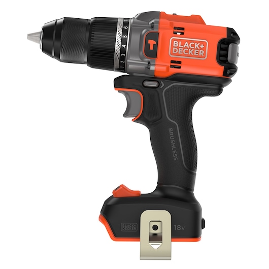 Side view of the BLACK+DECKER® 18V POWERCONNECT™ Brushless Hammer Drill without battery, facing left.