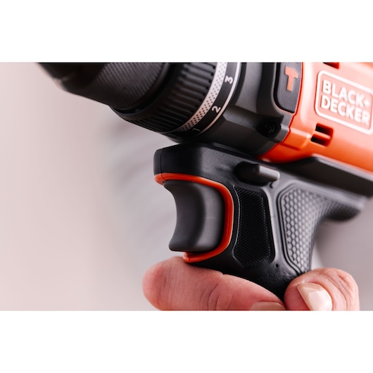 The variable speed trigger of the BLACK+DECKER® 18V POWERCONNECT™ Brushless Hammer Drill.