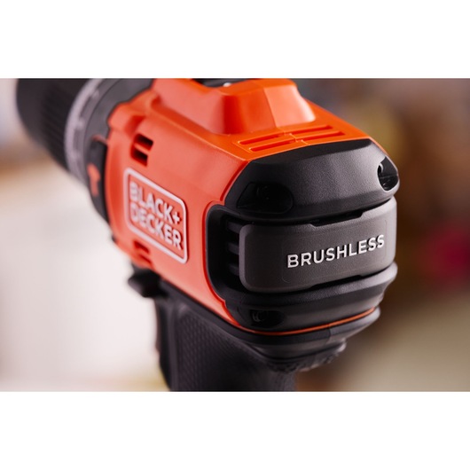 The rear brushless logo of the BLACK+DECKER® 18V POWERCONNECT™ Brushless Hammer Drill.