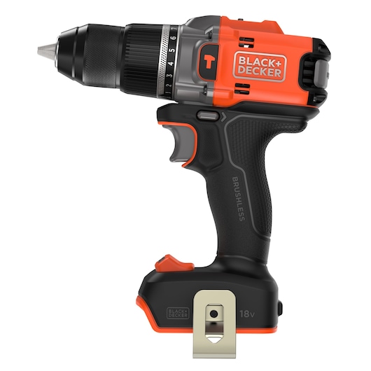 Side view of the BLACK+DECKER® 18V POWERCONNECT™ Brushless Hammer Drill without battery, facing left.